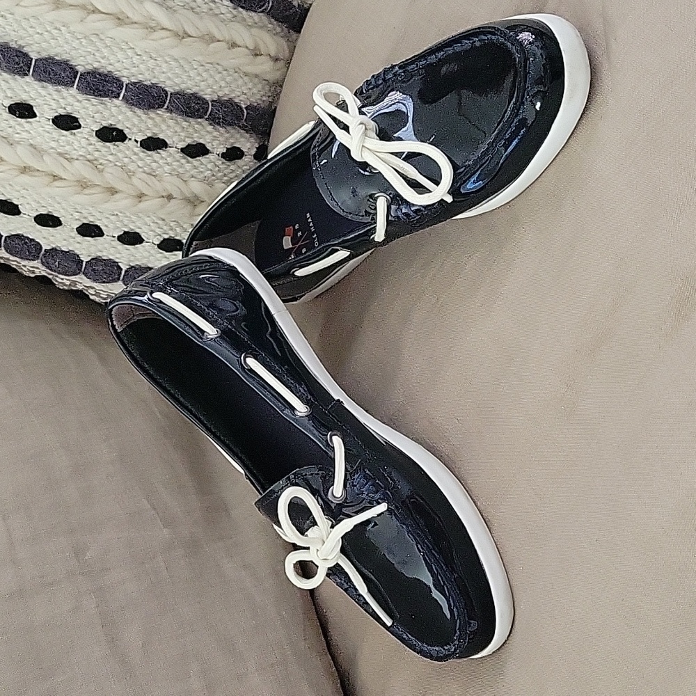 Cole Haan Navy Patent Leather Boat Shoes with White Laces